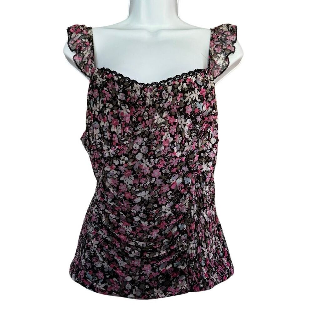 Willow Stretchy Black Purple Flowers Ruched Tank Top 1X